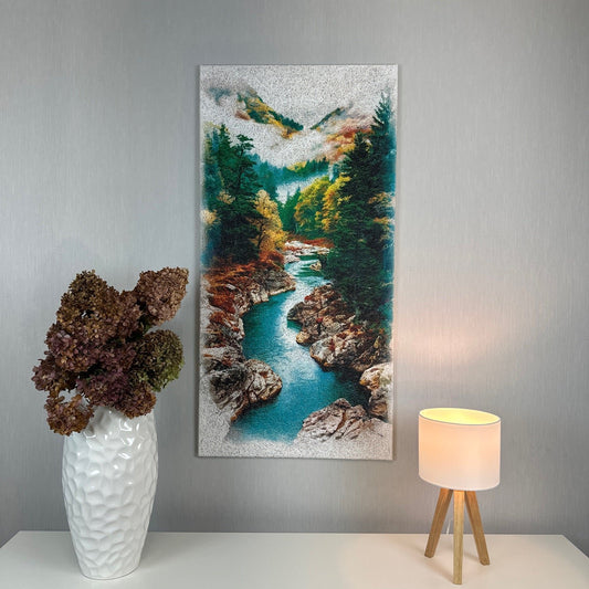 Autumn Canyon Acoustic Wood Wool Panel by WAMA featuring a vibrant autumnal canyon design, eco-friendly materials, and sound-absorbing functionality, ideal for home or office decor.