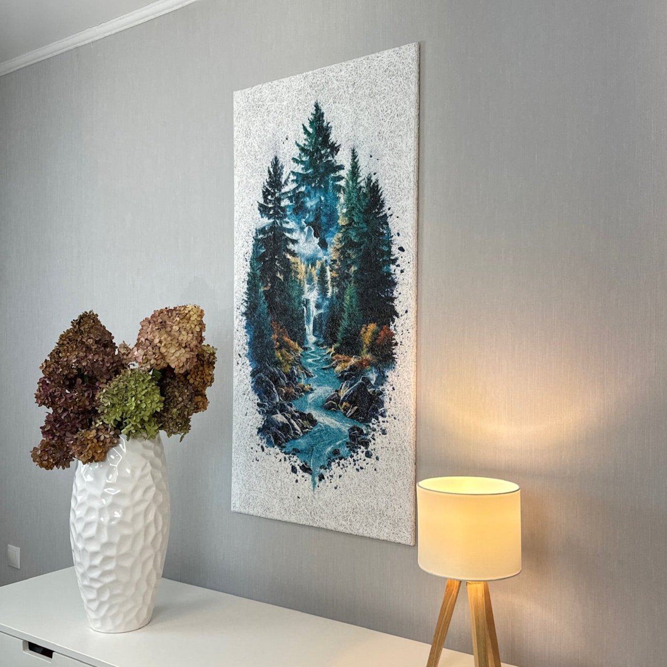 Side-angle view of the Forest Waterfall Acoustic Wood Wool Panel by WAMA, highlighting its eco-friendly material and intricate AI-generated artwork