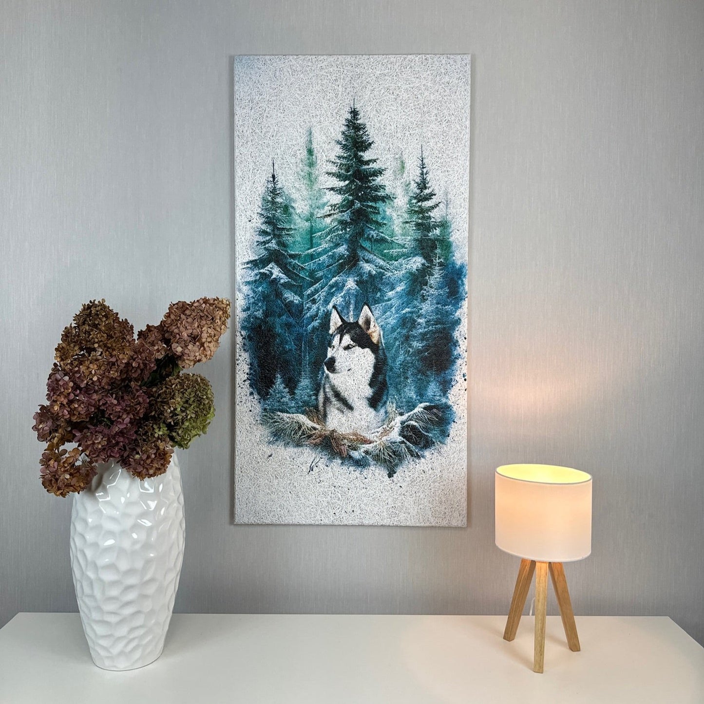 Front view of the Husky Forest Acoustic Wood Wool Panel by WAMA, featuring an AI-generated husky design in a serene forest setting