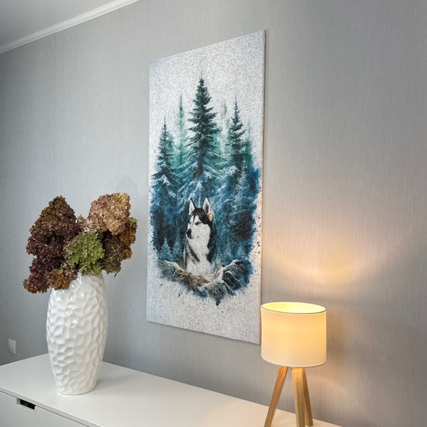 Side-angle view of the Husky Forest Acoustic Wood Wool Panel by WAMA, showcasing its eco-friendly materials and AI-generated husky artwork.