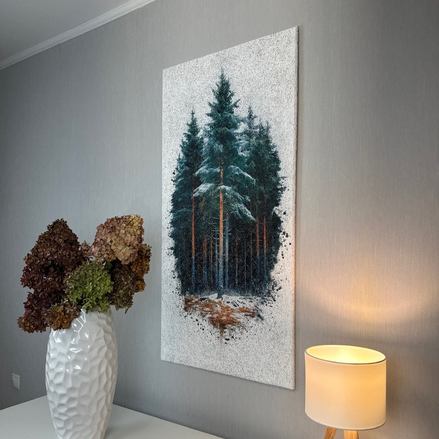 Side-angle view of the Pine Forest Acoustic Wood Wool Panel by WAMA, highlighting its eco-friendly material and AI-crafted pine forest artwork.